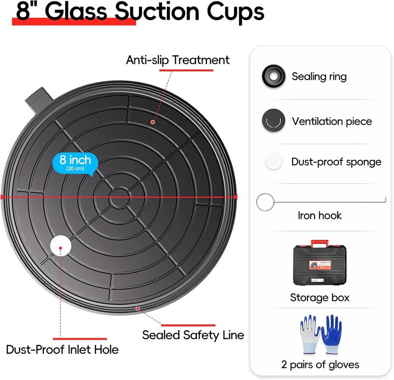 SPECILITE 8" Heavy Duty Glass Suction Cups 2 Pack with Pressure Gauge for Lifting Large Tile, Marble, Windows, 880 lbs Load Capacity, Industrial Vacuum Lifter with Handle, Carrying Case, Gloves, Black - Image 3